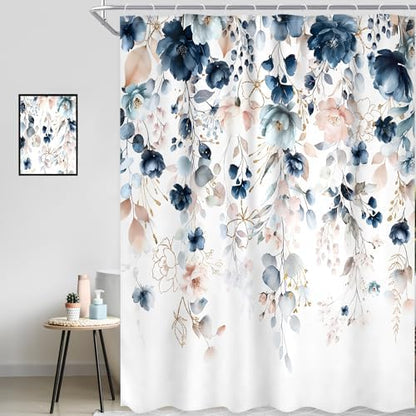 Blue Pink Floral Extra Long Watercolor Bathroom Shower Curtain Set