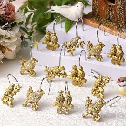 Amyhill 12 Pcs Bird Shower Curtain Hooks Antique Gold Birds Animal Decorative Hooks Rings Bulk Cute Hanger Stainless Steel Resin Nature Spring Themed Curtain Rings for Bathroom Bedroom Home Decor