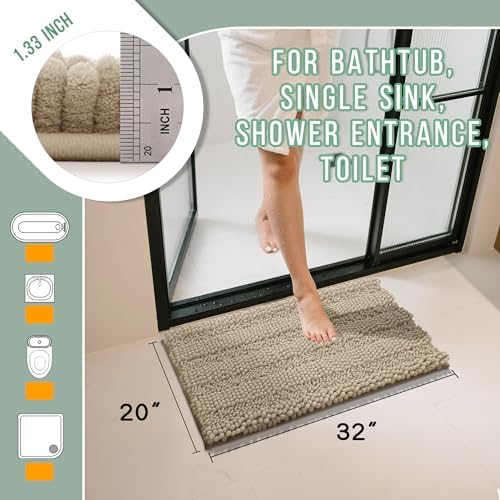 Yimobra Bathroom Rug Mat 32 x 20, Non Slip and Super Absorbent Bath Mat,Machine Washable Quick Dry,Ultra Plush Chenille Shower Rugs for Bathroom Floor Sink Tub and Shower Outside,Camel