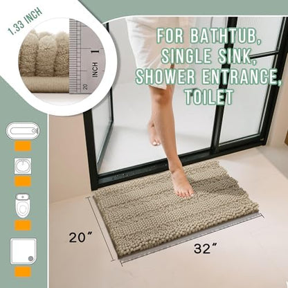 Yimobra Bathroom Rug Mat 32 x 20, Non Slip and Super Absorbent Bath Mat,Machine Washable Quick Dry,Ultra Plush Chenille Shower Rugs for Bathroom Floor Sink Tub and Shower Outside,Camel