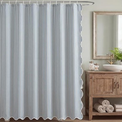 HunnmingRe Dust Blue Farmhouse Striped Shower Curtain Scalloped 72x72''