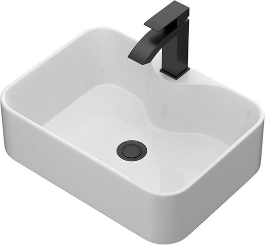 Bathroom Vessel Sink 19" x 15" Rectangle With Black Faucet And Black Drain Combo Bowl Sink Bathroom Countertop Rectangular White Farmhouse Lavatory Vanity Sink Basin