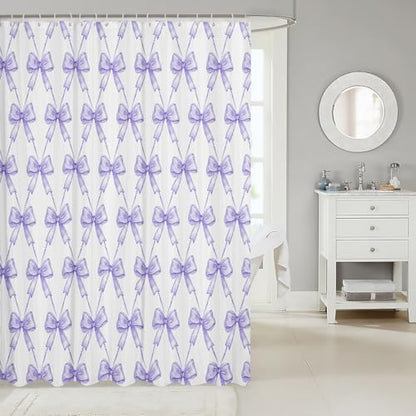 jejeloiu Purple Bow Shower Curtain 72"x78" Cute Bowknot Bath Curtain Boys Girls Kawaii Bathroom Shower Curtain Set for Kids Women Men Bow and Stripes Kids Bathroom Accessories