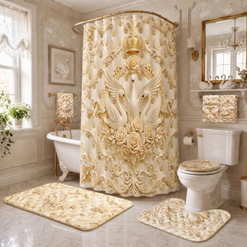 FuWeave 8 Pcs Gold Crown Swan Shower Curtain Set for Bathroom Include 3D Luxury Floral Swan Relief Pearl Shower Curtain Towels Non Slip Rugs Toilet Lid Cover Bath Mat and 12 Hooks for Bathroom Decor