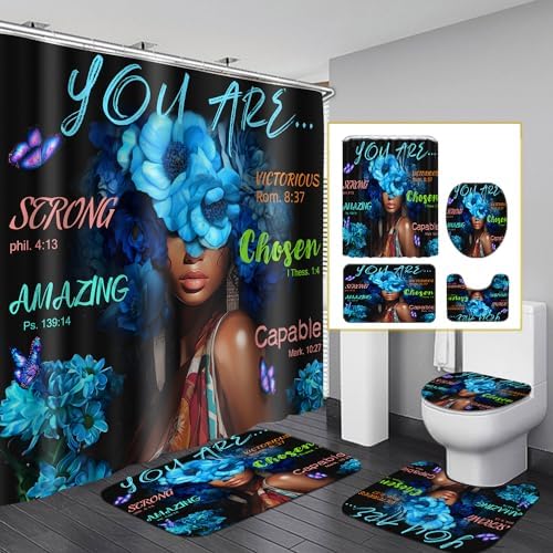 Black African Flower Woman Shower Curtain Set, Blue Art Words Bathroom Set with Shower Curtain and Rugs, Toilet Lid Cover, Bath Mat,Waterproof Fabric Shower Curtains and Hooks for Bathroom