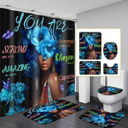 Black African Flower Woman Shower Curtain Set, Blue Art Words Bathroom Set with Shower Curtain and Rugs, Toilet Lid Cover, Bath Mat,Waterproof Fabric Shower Curtains and Hooks for Bathroom