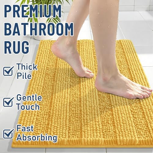 Grandaily Chenille Striped Bathroom Rugs 47x17, Extra Thick and Soft Absorbent Bath Mats, Rubber Backing, Plush Shaggy Shower Carpet, Machine Wash Dry, Bath Rug for Bathroom, Light Yellow