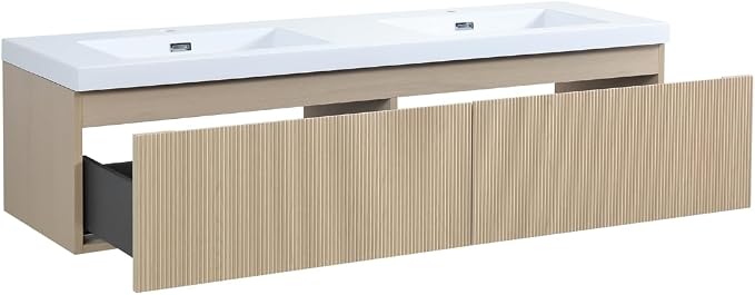 60 Inch Floating Bathroom Vanity with Double Sinks, Wall-Mounted Striped Storage Cabinet with Soft-Close Drawer, Glossy White Solid Surface Basin, Fully Assembled, Natural Oak Finish