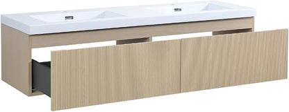 60 Inch Floating Bathroom Vanity with Double Sinks, Wall-Mounted Striped Storage Cabinet with Soft-Close Drawer, Glossy White Solid Surface Basin, Fully Assembled, Natural Oak Finish