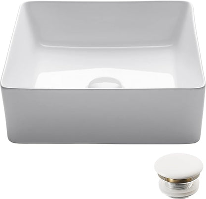 KRAUS Viva™ Square White Porcelain Ceramic Vessel Bathroom Sink with Pop-Up Drain, 15 5/8 in. L x 15 5/8 in. W x 5 1/8 in. H, KCV-202GWH