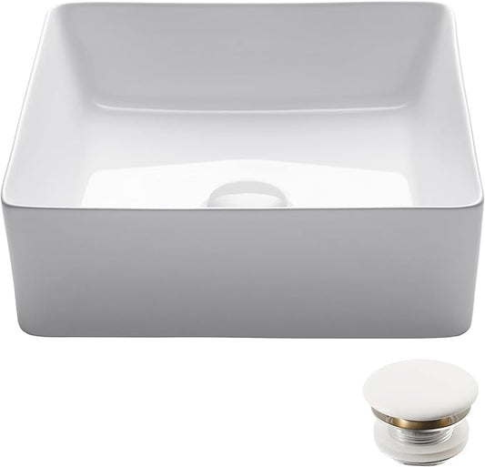 KRAUS Viva™ Square White Porcelain Ceramic Vessel Bathroom Sink with Pop-Up Drain, 15 5/8 in. L x 15 5/8 in. W x 5 1/8 in. H, KCV-202GWH