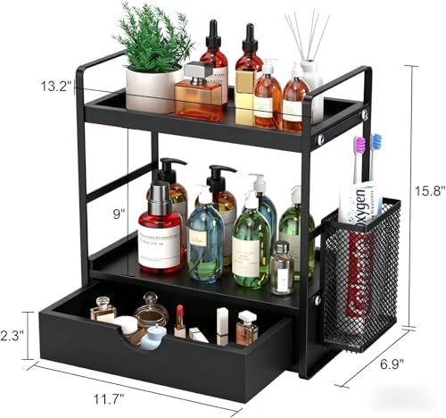 LEMIKKLE Bathroom Counter Organizer with Basket, Bathroom Organizers and Storage,Skincare Organizers for Vanity,Storage Organizers for Bathroom, Kitchen, Dresser (Black with Drawer)