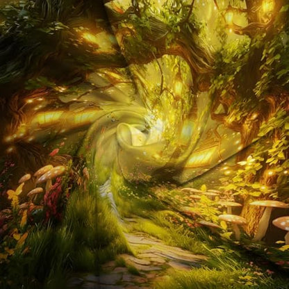 Fantasy Forest Path Shower Curtain Yellow Fairy Magical Enchanted Misty Jungle Mushroom Floral Tree Butterfly Lantern Wonderland Bath Curtain Fabric Bathroom Accessories Decor with Hooks 70W x75L