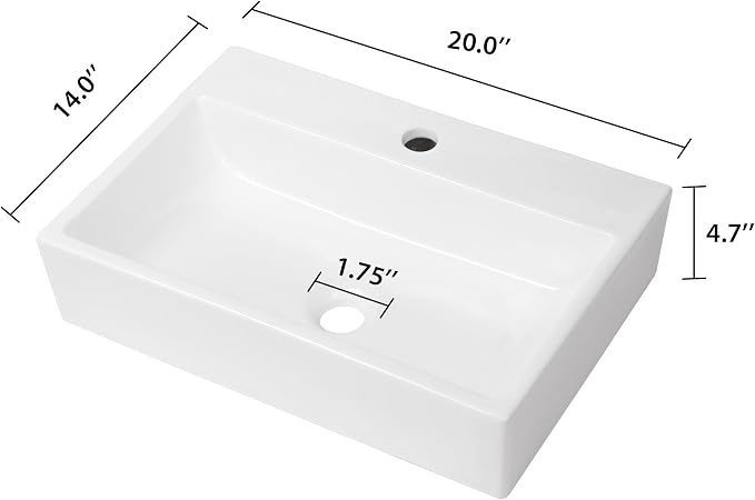Wall Mount Bathroom Sink 20"x14" Floating Vessel Sink | Rectangle Bathroom Sink Vessel Sink For Bathroom Ceramic White Wall Mount Sink for Rvs, Restroom, Toilet