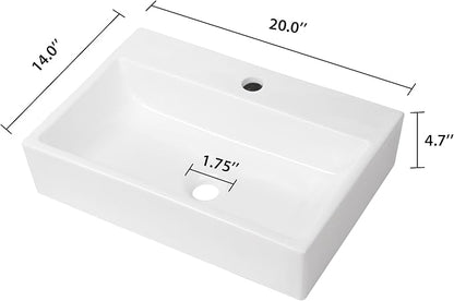 Wall Mount Bathroom Sink 20"x14" Floating Vessel Sink | Rectangle Bathroom Sink Vessel Sink For Bathroom Ceramic White Wall Mount Sink for Rvs, Restroom, Toilet