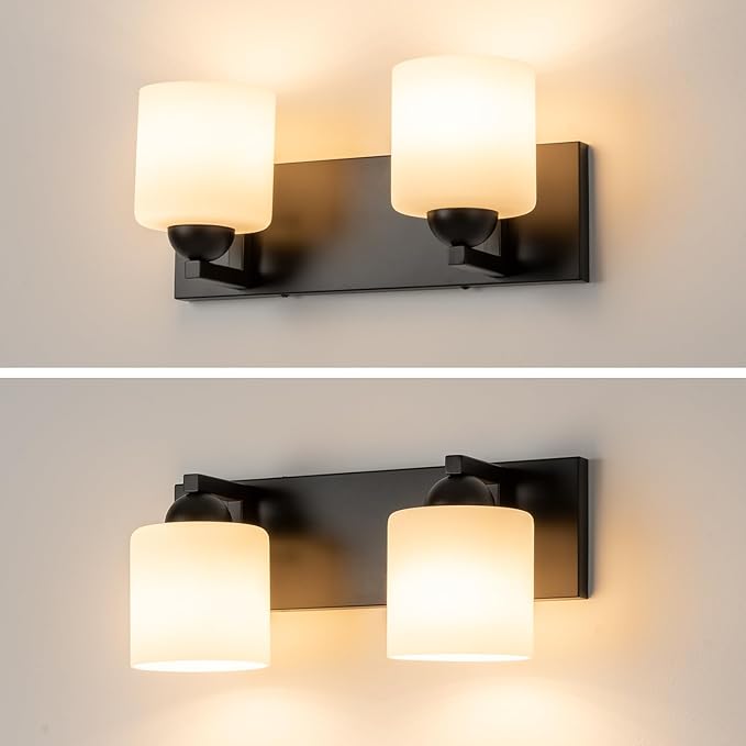 mirrea 16in 2-Light Black Vanity Lights for Bathroom, Vanity Lighting Fixtures with Etched White Glass Shades