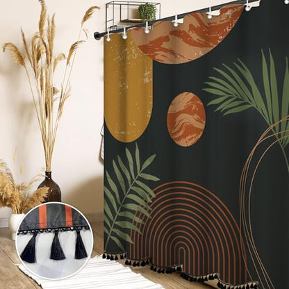 Boho Mid Century Leaf Shower Curtain Set,Arch Sun Design,Minimalistic Leaves Pattern,Waterproof and Luxurious Fabric-12 Hooks(Coffee Brown-72" x 72")