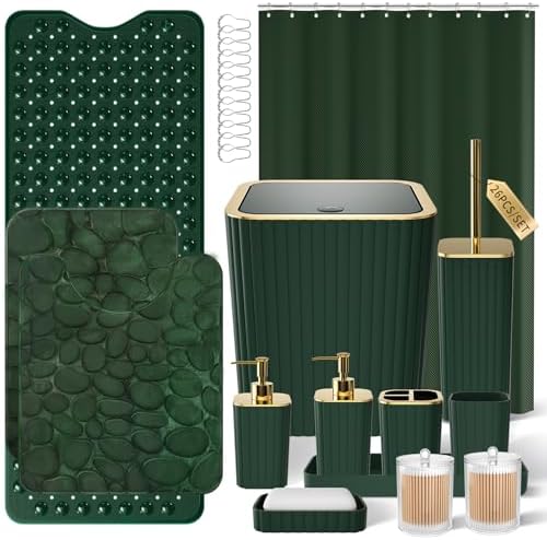 XLHOMO 26PC Bathroom Accessories Set - Gorgeous Green Bathroom Set, Bathroom Accessory Set, Shower Curtain Set with Bathtub Mats for Shower Tub, Trash Can & Soap Dispenser
