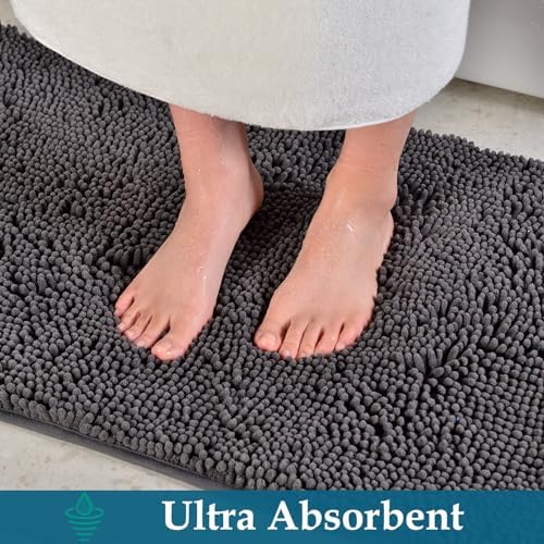 Bathroom Rugs Set 2 Piece Bathroom Mats Bath Rugs Non Slip Bath Rugs for Bathrooms, Thick Soft Chenille Rug Set, Bathtub Mats, Ultra Absorbent Bath Carpet, Shaggy Bathrooms Floor Mat, Deep Grey