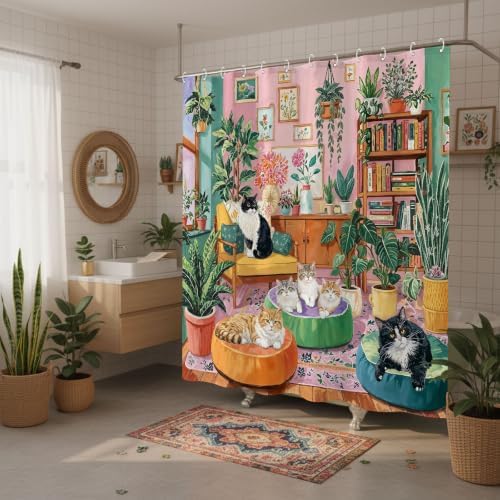 Boho Cute Cat Shower Curtain for Bathroom 72x72 Inch
