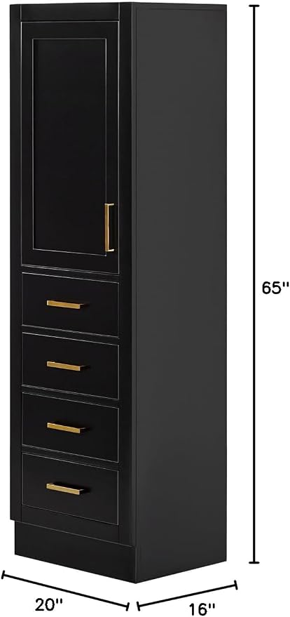 ARIEL Hepburn Bathroom Storage Cabinet - Solid Hevea Wood and Fully Assembled for Long-Lasting Durability and Sophisticated Finish, Freestanding Linen Bathroom Cabinet - 65”H x 20”W x 16”D, Black