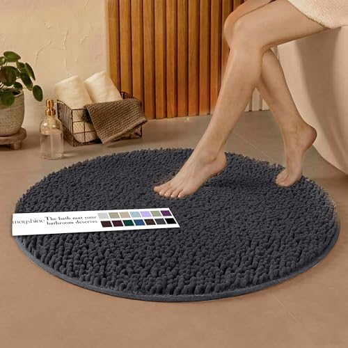 Extra Large Round Area Rug Set for Bathroom 48"x48" Soft Plush Chenille Bath Mat, Water Absorbent Non-Slip Bathroom Rug | Washable Shag Carpet, Bedroom, or Home Décor | Charcoal Gray