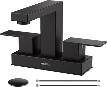 Matte Black Bathroom Sink Faucet, Hurran 4 inch Bathroom Faucets for Sink 3 Hole with Pop-up Drain and Supply Lines, Stainless Steel 2-Handle Faucet for Vanity RV Restroom