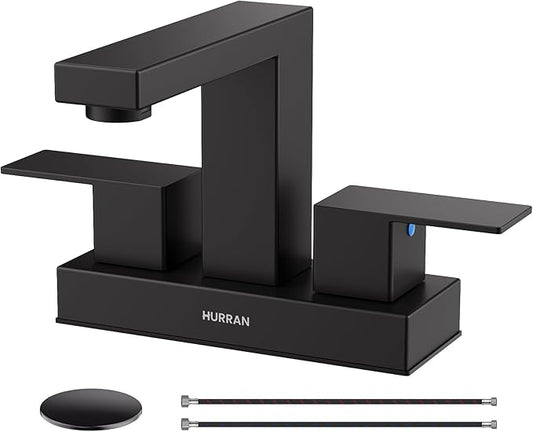 Matte Black Bathroom Sink Faucet, Hurran 4 inch Bathroom Faucets for Sink 3 Hole with Pop-up Drain and Supply Lines, Stainless Steel 2-Handle Faucet for Vanity RV Restroom
