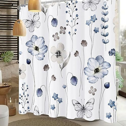 Floral Shower Curtain,Shower Curtains for Bathroom,Blue Flower Shower Curtain Sets Leaf Shower Curtain Plants Blue White Fabric Waterproof Cloth Bathtub Curtains with Hooks 72x72 Inch