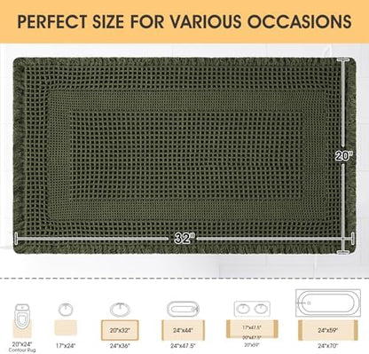 Waffle Bath Mat, Boho Woven Modern Bath Rug Absorbent Non Slip, Ultra Soft Bathroom Mats, Machine Washable Knit Bath Rugs with Tassels for Bathroom, Bedroom, Kitchen, Shower, Tub, 32"x20", Dark Green