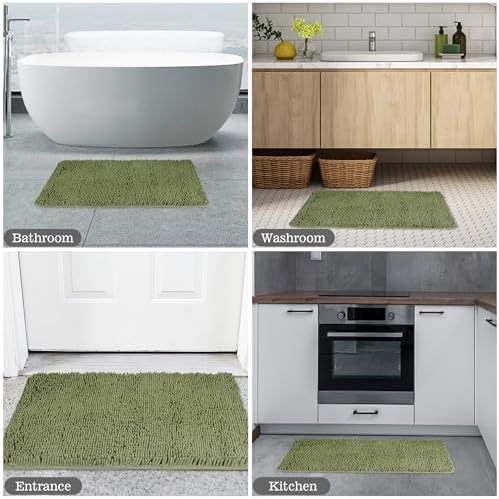 Yeaban Chenille Sage Bathroom Rug 17"x24", Non-Slip Rubber Backing