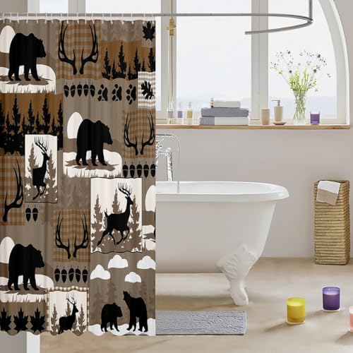 Feelyou Rustic Plaid Shower Curtain Lodge Cabin Bear Bath Curtain for Stalls Bathtubs Country Elk Moose Bathroom Accessories Woodland Brown Waterproof Polyester Fabric with 12 Hooks 72"x72"