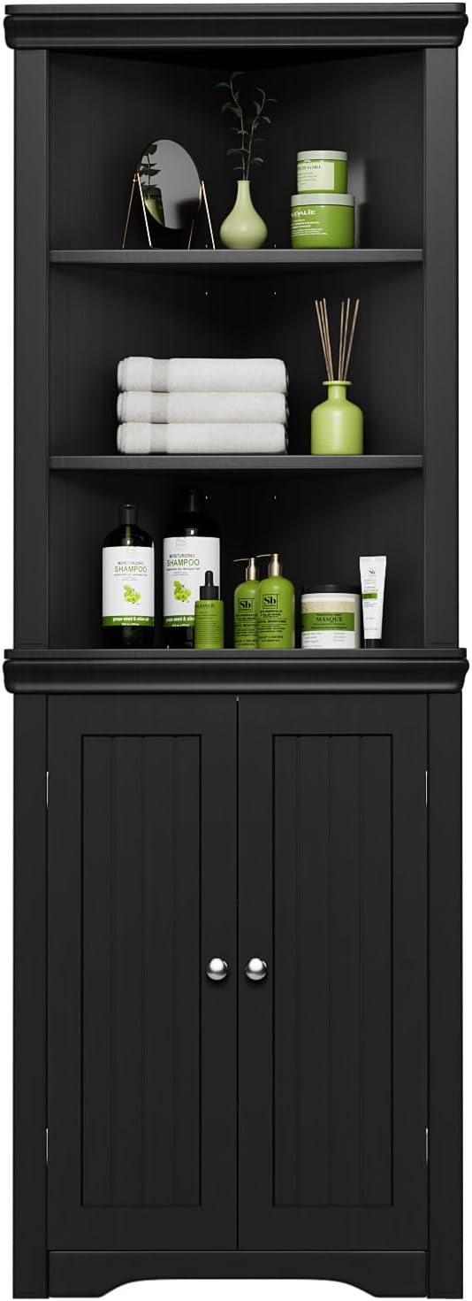 YESHOMY Corner Cabinet, Storage Cupboard with Doors, Black | Tall Storage Cabinet with Adjustable Shelves, for Living Room, Bathroom, Kitchen