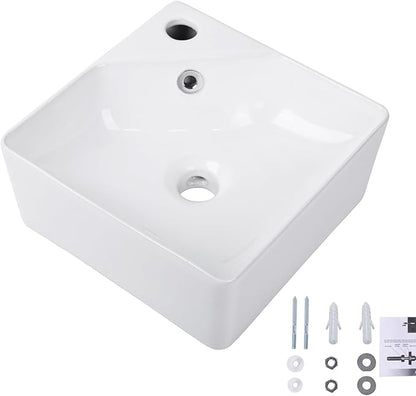 Wall Mount Corner Bathroom Sink, QISHKA 12" X 12" Square Floating Ceramic Wash Hand Basin Small White Wall Mount Vanity Sink with Single Faucet Hole and Overflow