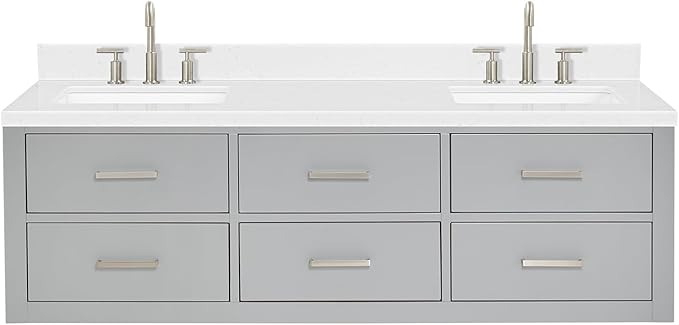 ARIEL Hutton 60-inch Bathroom Vanity with Sink,Solid Wood, 1.5-inch Carrara White Quartz Countertop & Backsplash, Double Rectangular Porcelain Sink, 3 Dovetail Drawers, Grey