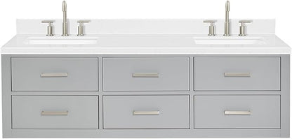 ARIEL Hutton 60-inch Bathroom Vanity with Sink,Solid Wood, 1.5-inch Carrara White Quartz Countertop & Backsplash, Double Rectangular Porcelain Sink, 3 Dovetail Drawers, Grey
