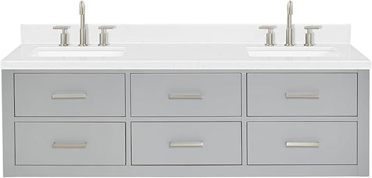 ARIEL Hutton 60-inch Bathroom Vanity with Sink,Solid Wood, 1.5-inch Carrara White Quartz Countertop & Backsplash, Double Rectangular Porcelain Sink, 3 Dovetail Drawers, Grey