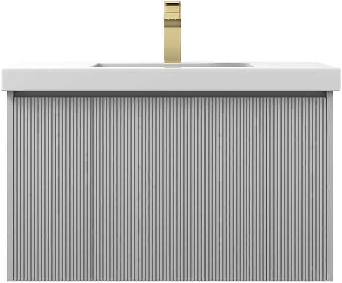 Blossom 30 Inch Bathroom Vanity with Sink | All Wood Wall Mounted Floating Vanity Cabinet with Acrylic Sink | Soft-Close Drawer | Modern Minimalist Style Vanities (30" w/Acrylic Basin, Light Grey)