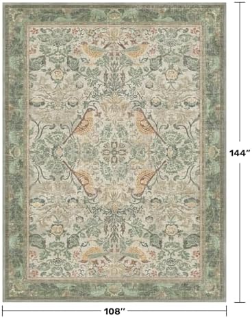 Boho Dining Room Rugs for Under Table 9x12 - Plant & Bird Patterned Rugs for Living Room, Bedroom Under Bed, Traditional Victorian Sage Green Décor, Washable Non Slip Folable Lightweight Carpet