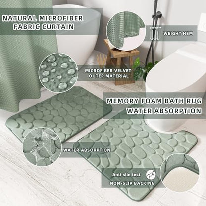 XLHOMO 26PC Bathroom Accessories Set - Gorgeous Sage Green Bathroom Set, Bathroom Accessory Set, Shower Curtain Set with Bathtub Mats for Shower Tub, Trash Can & Soap Dispenser