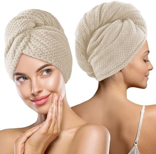 MaopaoBeauty 2 Pack Large Microfiber Hair Towel Wrap, Quick Dry Hair Towels for Women Long, Curly, Thick Hair, Super Absorbent Hair Turban for Wet Hair, Khaki