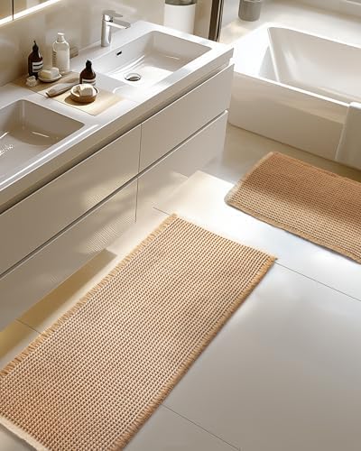 Furicher Large Waffle Bath Mat Set, Non Slip Bathroom Mat Set 2 Piece, Ultra Absorbent Bath Mats, Machine Washable Bath Rugs, Brown & White, 20"×47" and 16"×24"