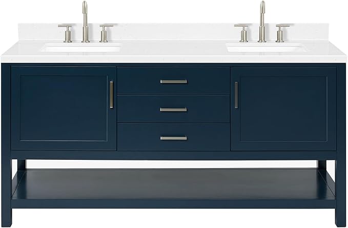ARIEL Bayhill 72-inch Bathroom Vanity with Sink,Solid Wood, 1.5-inch Carrara White Quartz Countertop, Double Rectangular Porcelain Sink, 2 Soft Closing Doors, 3 Dovetail Drawers, Midnight Blue