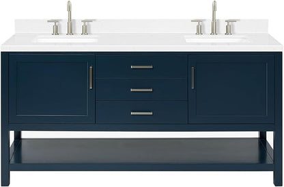 ARIEL Bayhill 72-inch Bathroom Vanity with Sink,Solid Wood, 1.5-inch Carrara White Quartz Countertop, Double Rectangular Porcelain Sink, 2 Soft Closing Doors, 3 Dovetail Drawers, Midnight Blue