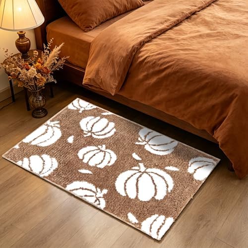 APROPHIC Fall Pumpkin Bath Mats for Bathroom, Thanksgving Super Absorbent Non-Slip Microfiber Shaggy Bath Rugs, Autumn Bathroom Mat for Shower, Tub, Sink, Machine Washable, 20x30 in, Light Brown