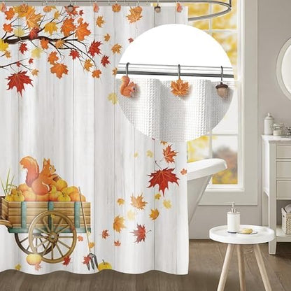 Sunlit Fall Autumn Decorative Shower Curtain Hooks, Pumpkin Maple Leaf Squirrel Acorn Shower Curtain Rings, Resin, Orange Leaves Cute Bathroom Curtain Hangers Decoration, Set of 12