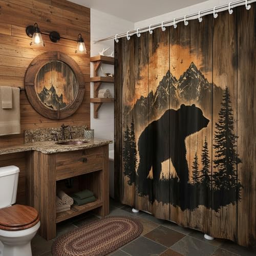 Rustic Cabin Shower Curtain for Bathroom, Forest Bear Wooden Bath Curtains, Wildlife Country Hunting Camping Waterproof Fabric Bathroom Curtain Accessories Set with Hooks,47X70IN
