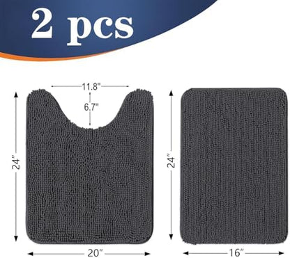 OLANLY Chenille Bathroom Rugs Mats Sets 2 Piece, 24"x16"+24"x20", Dark Grey