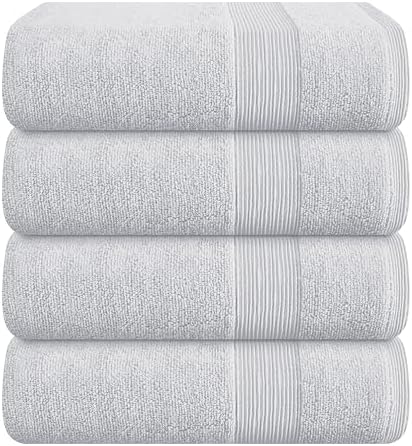 Belizzi Home 4 Pack Bath Towel Set 27x54, 100% Ring Spun Cotton, Ultra Soft Highly Absorbent Machine Washable Hotel Spa Quality Bath Towels for Bathroom, 4 Bath Towels Light Grey