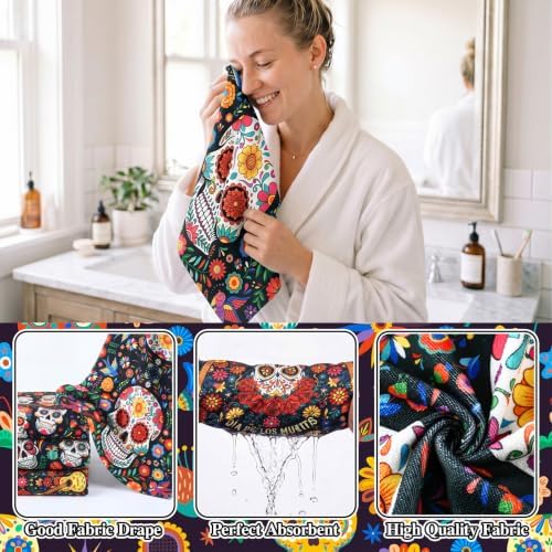 FuWeave 8 Pcs Day of the Dead Shower Curtain Set for Bathroom Decor, Mexican Sugar Skull & Floral Dia De Los Muertos Shower Curtain with Towels, Non Slip Bath Mat, Toilet Lid Cover and 12 Hooks